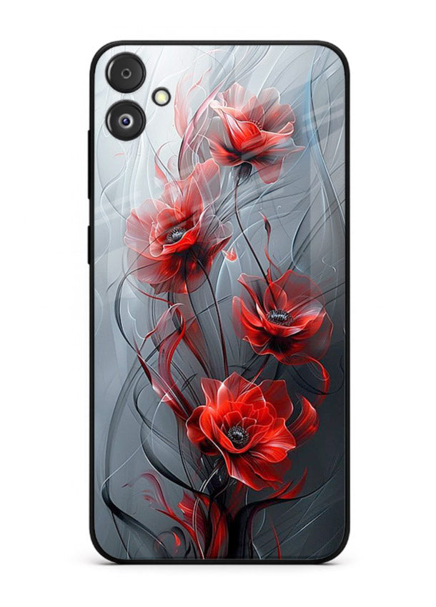 Smoky red blossom artwork on Samsung F05 5G glass back cover with deep atmospheric tones.
