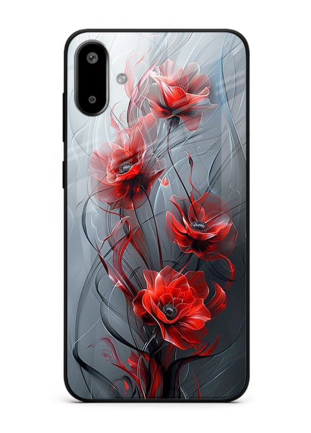 Smoky red blossom artwork on Samsung F06 5G glass back cover with deep atmospheric tones.