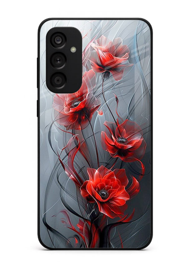 Smoky red blossom artwork on Samsung F55 5G glass back cover with deep atmospheric tones.