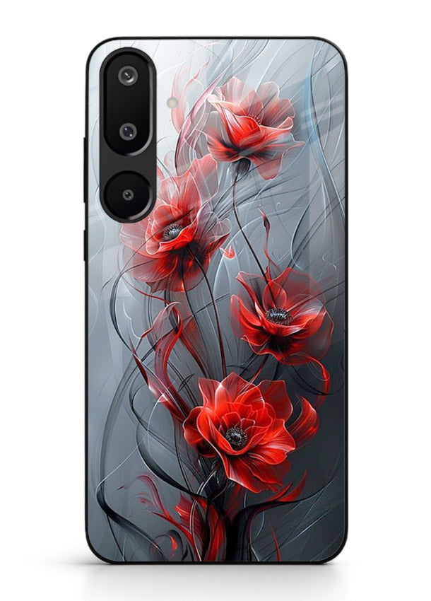 Smoky red blossom artwork on Samsung M16 5G glass back cover with deep atmospheric tones.