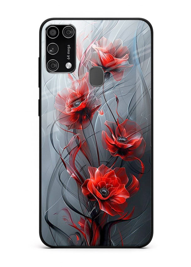 Smoky red blossom artwork on Samsung M31 Prime glass back cover with deep atmospheric tones.