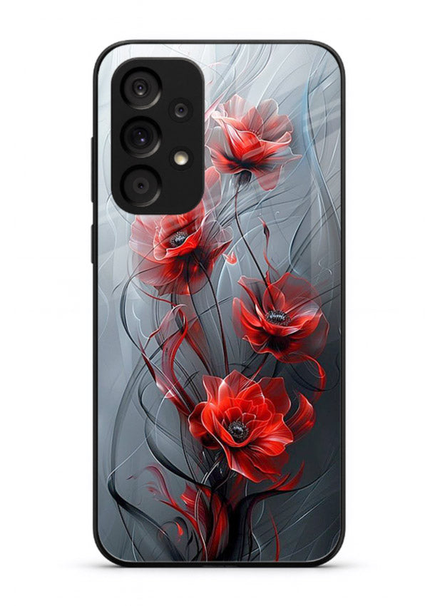 Smoky red blossom artwork on Samsung A33 5G glass back cover with deep atmospheric tones.