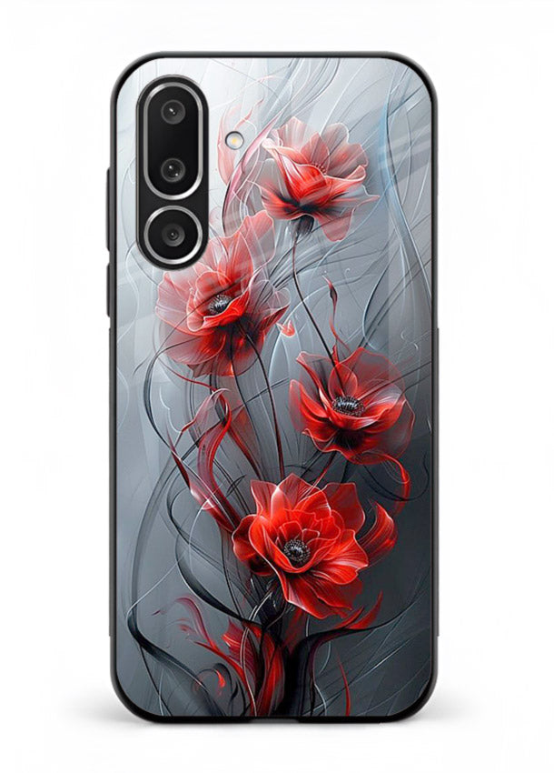 Smoky red blossom artwork on Samsung F56 5G glass back cover with deep atmospheric tones.