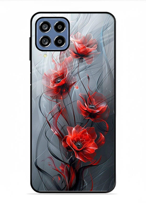 Smoky red blossom artwork on Samsung M33 5G glass back cover with deep atmospheric tones.