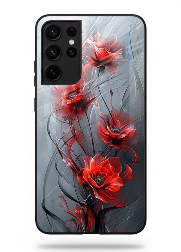 Smoky red blossom artwork on Samsung S21 Ultra glass back cover with deep atmospheric tones.
