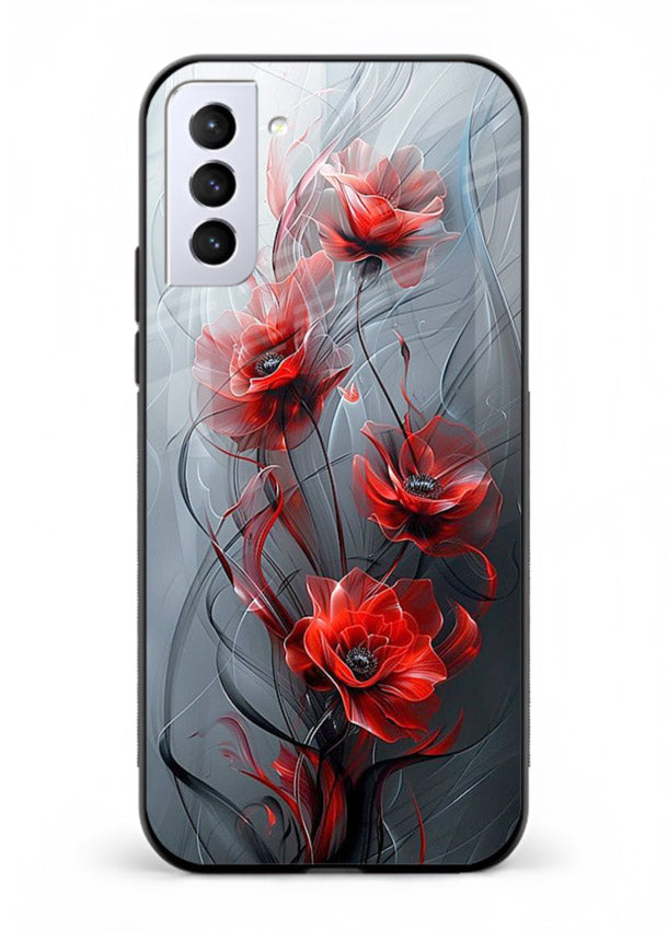 Smoky red blossom artwork on Samsung S21 Plus glass back cover with deep atmospheric tones.