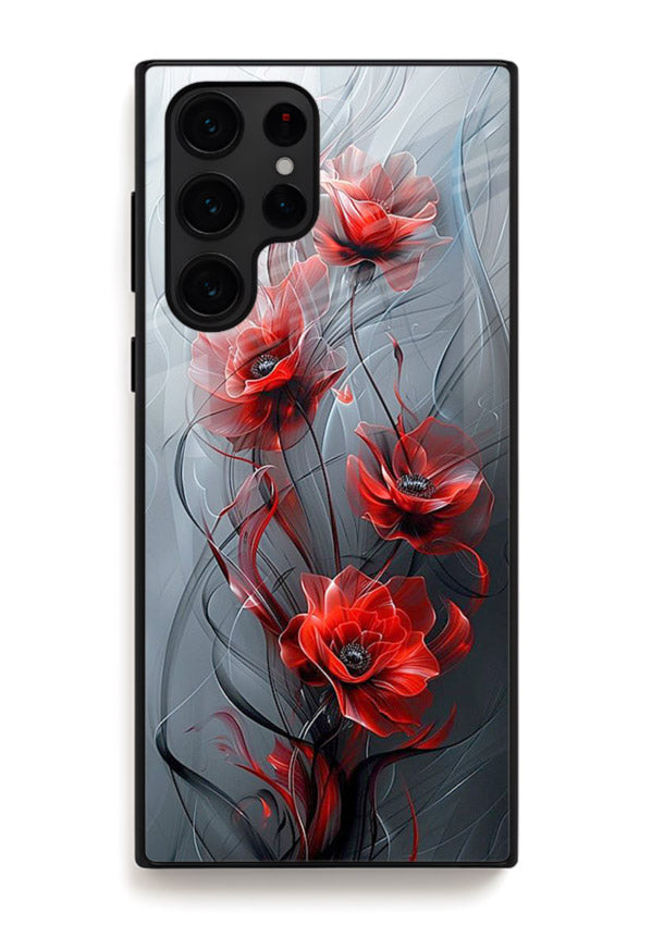 Smoky red blossom artwork on Samsung S24 Ultra glass back cover with deep atmospheric tones.