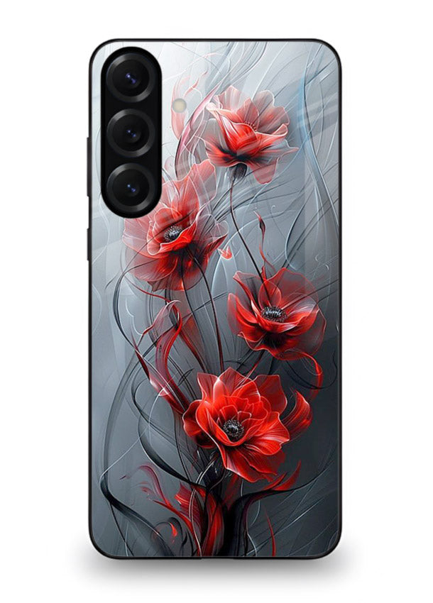 Smoky red blossom artwork on Samsung A55 5G glass back cover with deep atmospheric tones.