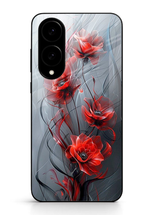 Smoky red blossom artwork on Samsung S25 Edge glass back cover with deep atmospheric tones.
