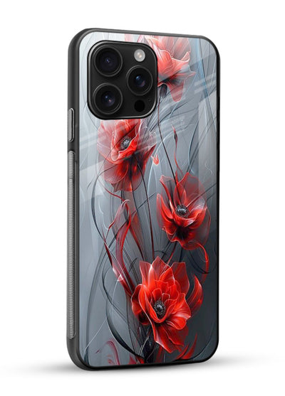 Smoky red blossom artwork on glossy vibrant premium glass back cover with deep atmospheric tones. - Angle Side