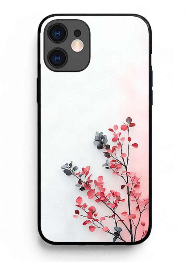 Red leaf artwork on iphone 12 mini glass back cover with warm drifting botanical tones.