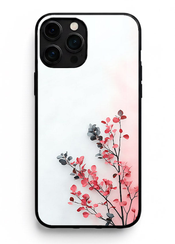 Red leaf artwork on iphone 11 pro max glass back cover with warm drifting botanical tones.