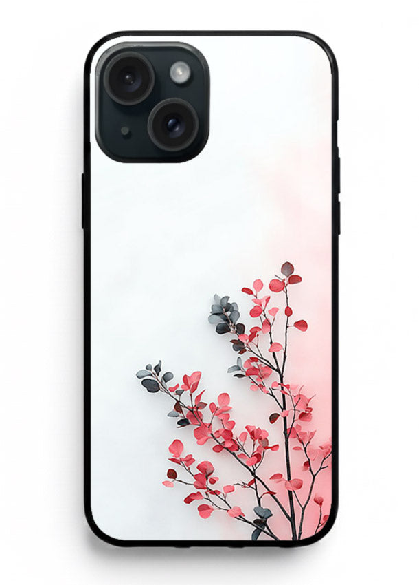 Red leaf artwork on iphone 15 glass back cover with warm drifting botanical tones.