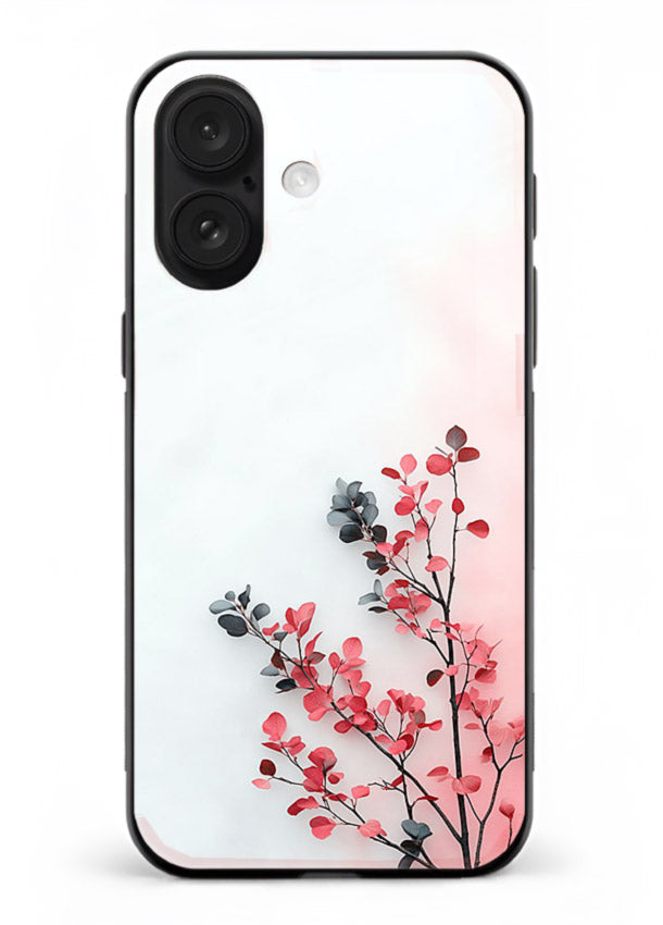 Red leaf artwork on iphone 16 glass back cover with warm drifting botanical tones.