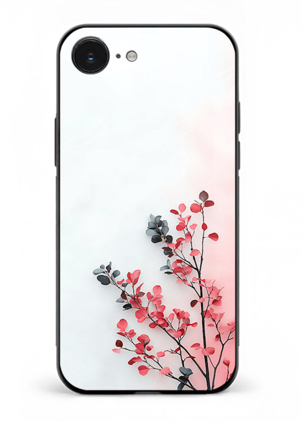 Red leaf artwork on iphone 16e glass back cover with warm drifting botanical tones.