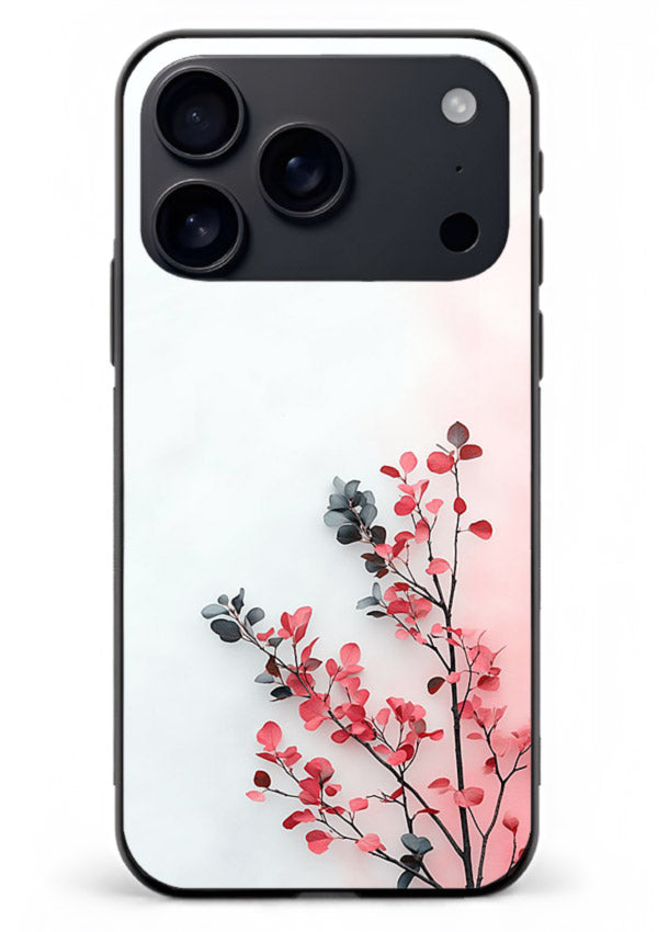 Red leaf artwork on iphone 18 pro max glass back cover with warm drifting botanical tones.