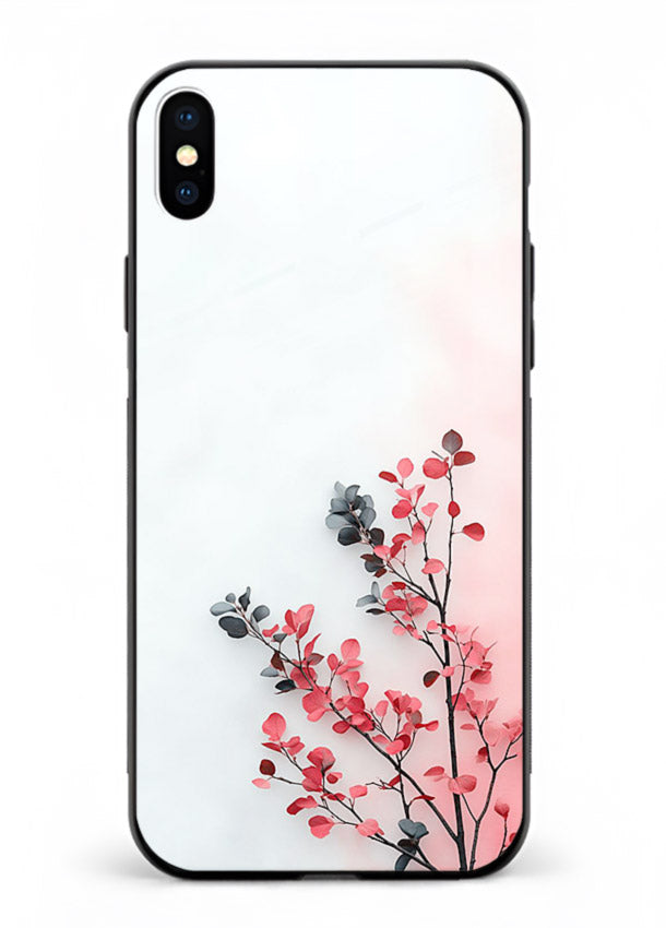 Red leaf artwork on iphone xs max glass back cover with warm drifting botanical tones.