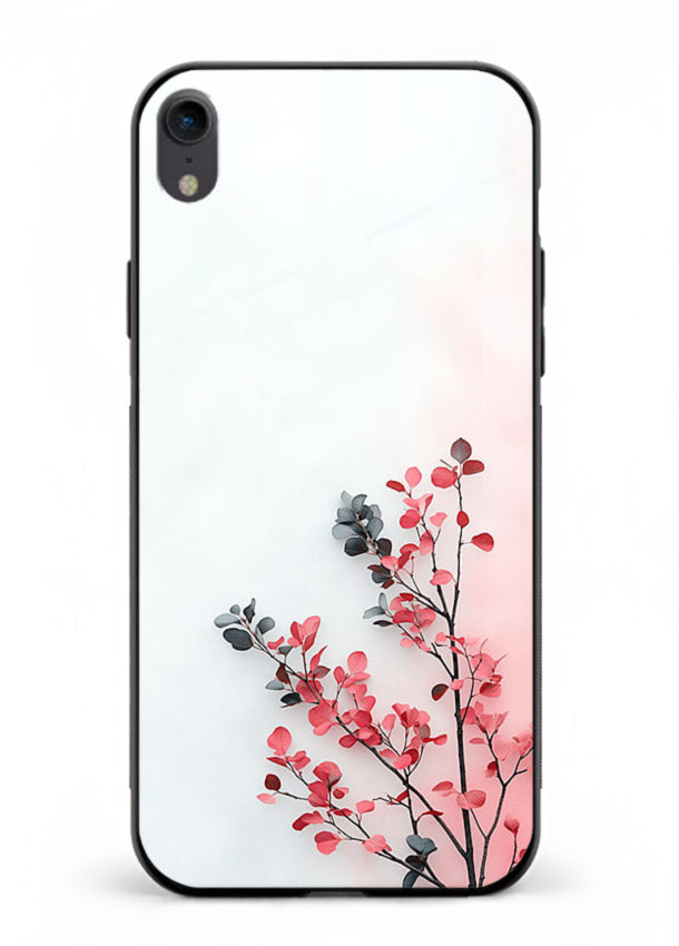 Red leaf artwork on iphone xr glass back cover with warm drifting botanical tones.