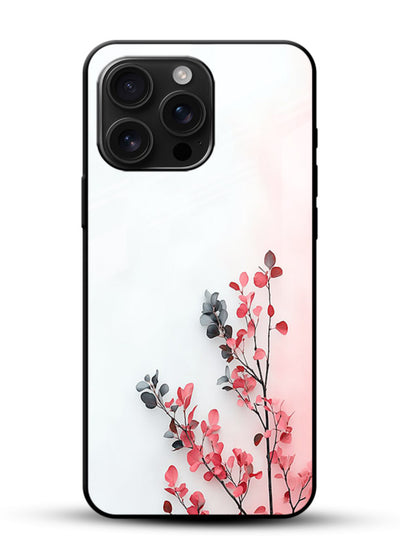 Red leaf artwork on glossy vibrant premium glass back cover with warm drifting botanical tones. - Angle Front