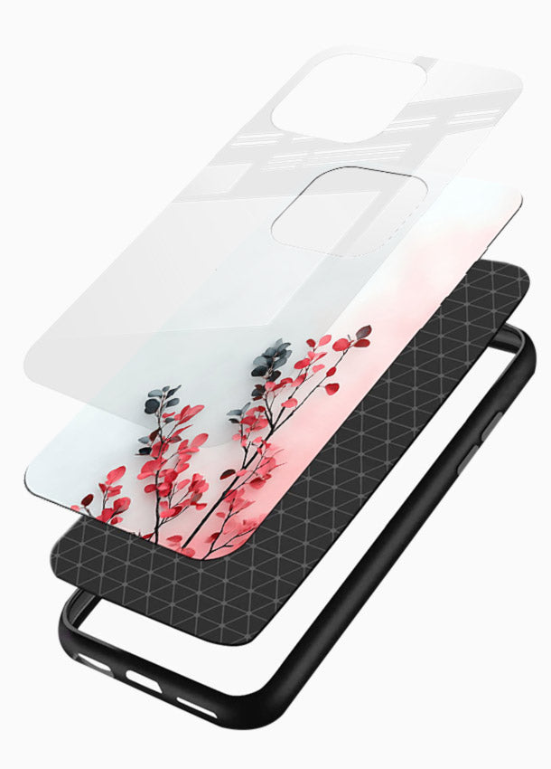 Red leaf artwork on glossy vibrant premium glass back cover with warm drifting botanical tones. - Angle Layers
