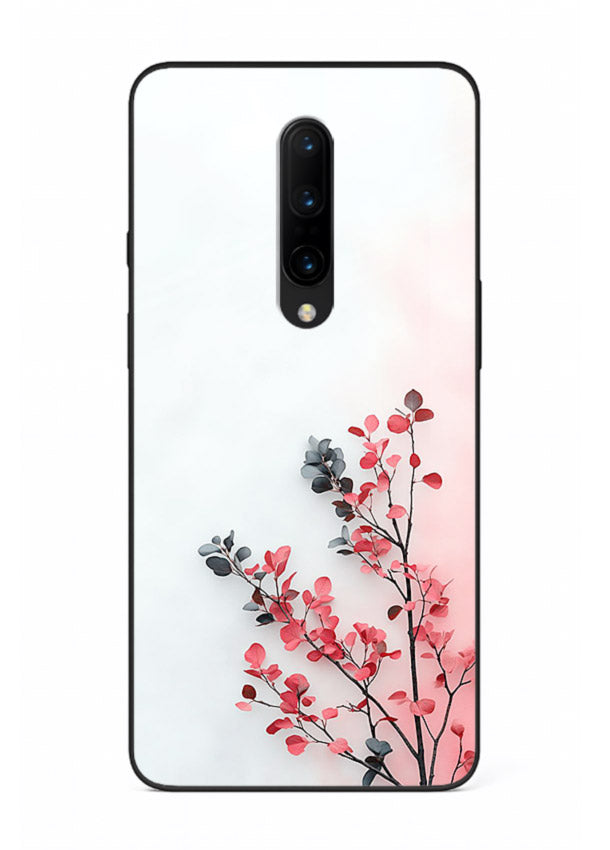 Red leaf artwork on OnePlus 7T Pro glass back cover with warm drifting botanical tones.