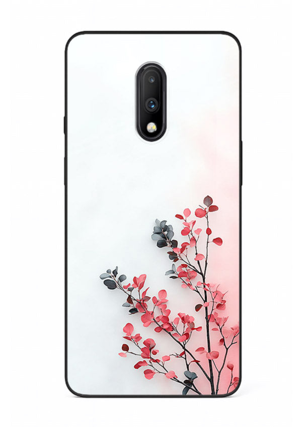 Red leaf artwork on OnePlus 7 glass back cover with warm drifting botanical tones.