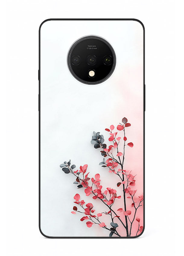 Red leaf artwork on OnePlus 7T glass back cover with warm drifting botanical tones.