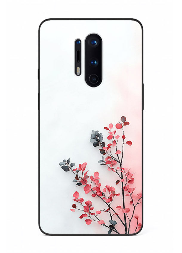 Red leaf artwork on OnePlus 8 Pro glass back cover with warm drifting botanical tones.