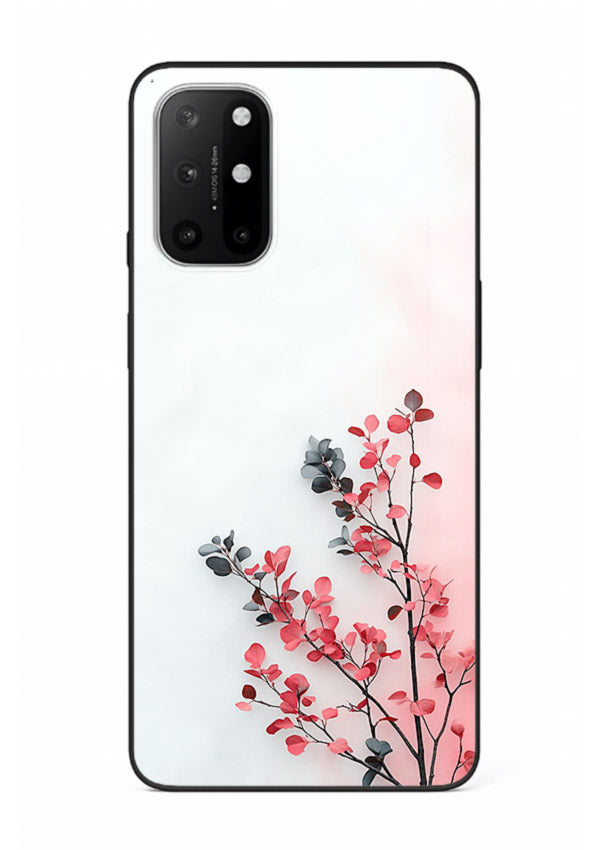 Red leaf artwork on OnePlus 8T glass back cover with warm drifting botanical tones.