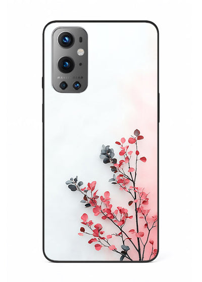 Red leaf artwork on OnePlus 9 glass back cover with warm drifting botanical tones.