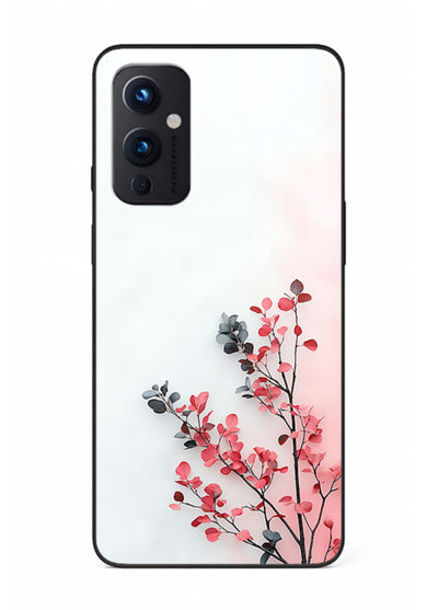 Red leaf artwork on OnePlus 9 Pro glass back cover with warm drifting botanical tones.