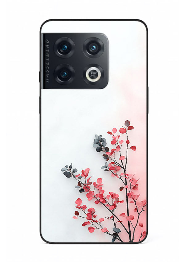 Red leaf artwork on OnePlus 10 Pro glass back cover with warm drifting botanical tones.