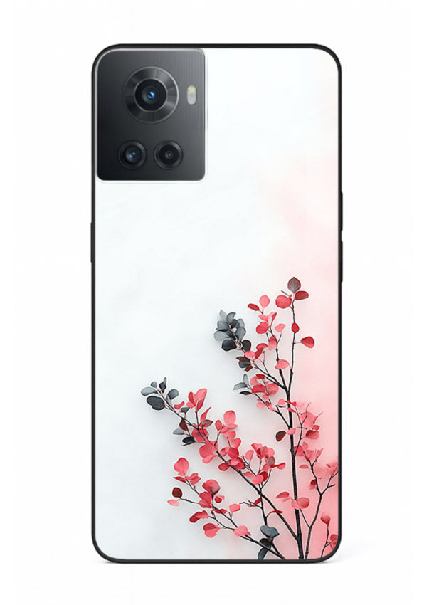 Red leaf artwork on OnePlus 10R glass back cover with warm drifting botanical tones.