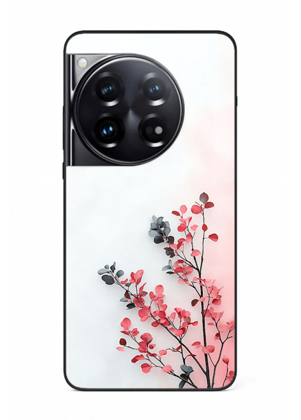Red leaf artwork on OnePlus 12 glass back cover with warm drifting botanical tones.