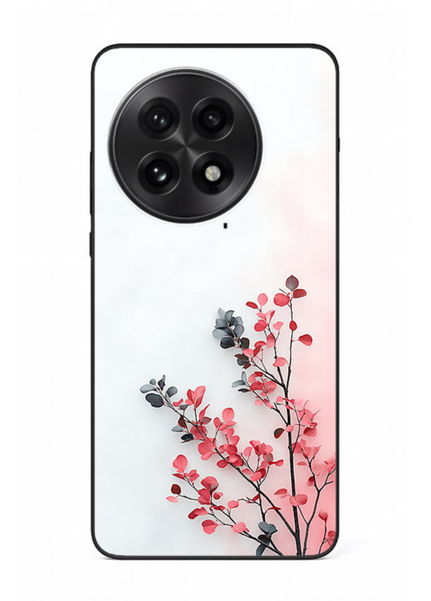 Red leaf artwork on OnePlus 13R glass back cover with warm drifting botanical tones.
