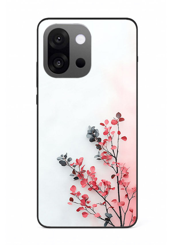 Red leaf artwork on OnePlus 13s glass back cover with warm drifting botanical tones.