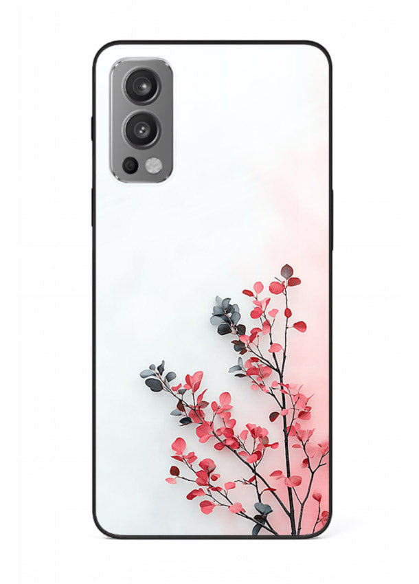 Red leaf artwork on OnePlus Nord 2 glass back cover with warm drifting botanical tones.