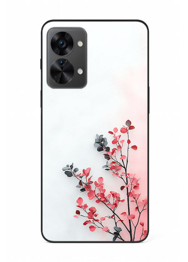 Red leaf artwork on OnePlus Nord 2T glass back cover with warm drifting botanical tones.