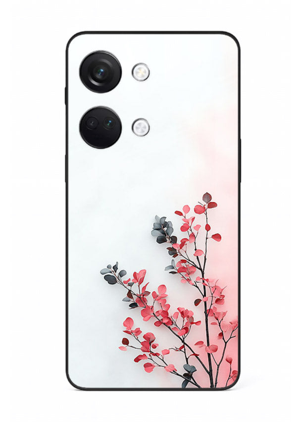 Red leaf artwork on OnePlus Nord 3 glass back cover with warm drifting botanical tones.