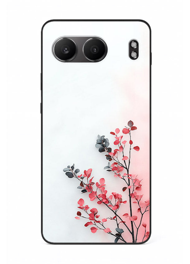 Red leaf artwork on OnePlus Nord 4 glass back cover with warm drifting botanical tones.