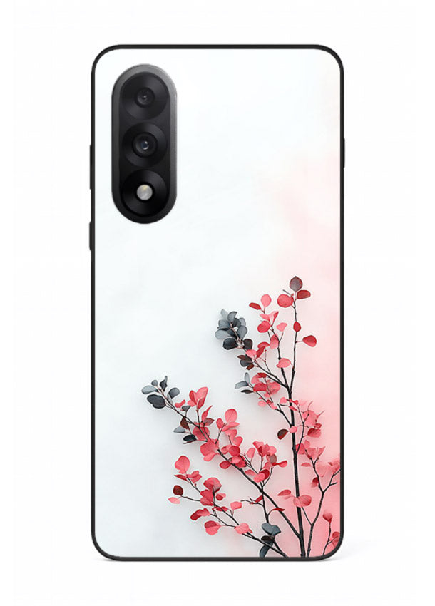 Red leaf artwork on OnePlus Nord 5 glass back cover with warm drifting botanical tones.