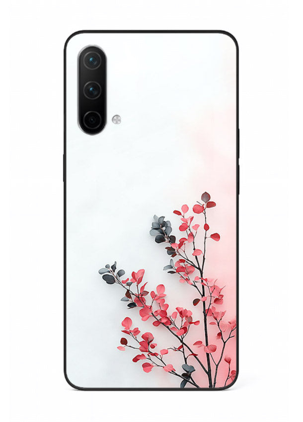 Red leaf artwork on OnePlus Nord CE 5G glass back cover with warm drifting botanical tones.