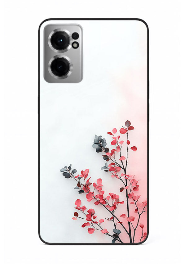 Red leaf artwork on OnePlus Nord CE2 5G glass back cover with warm drifting botanical tones.