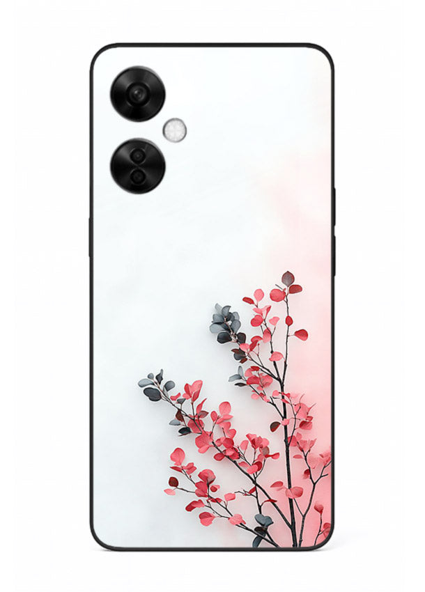 Red leaf artwork on OnePlus Nord CE3 Lite glass back cover with warm drifting botanical tones.