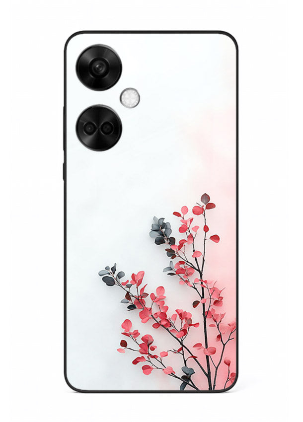 Red leaf artwork on OnePlus Nord CE3 glass back cover with warm drifting botanical tones.
