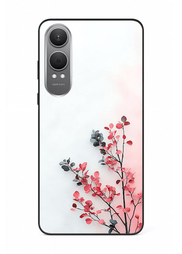Red leaf artwork on OnePlus Nord CE4 Lite glass back cover with warm drifting botanical tones.