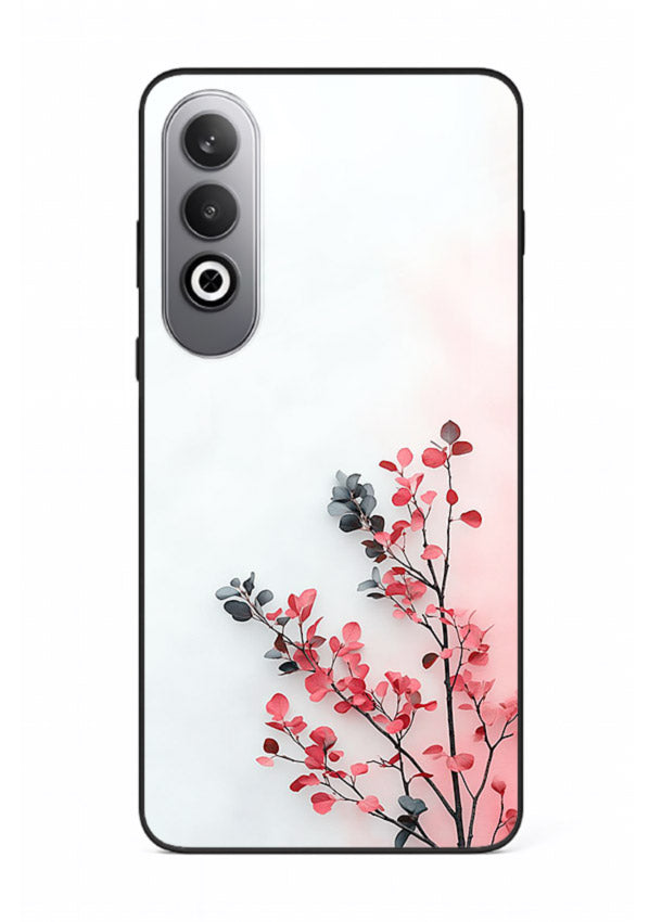 Red leaf artwork on OnePlus Nord CE4 glass back cover with warm drifting botanical tones.