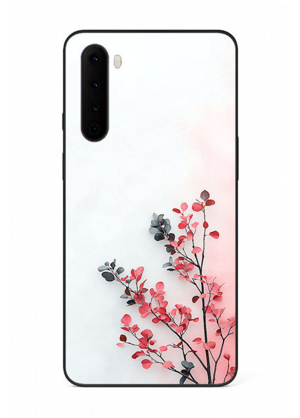 Red leaf artwork on OnePlus Nord glass back cover with warm drifting botanical tones.