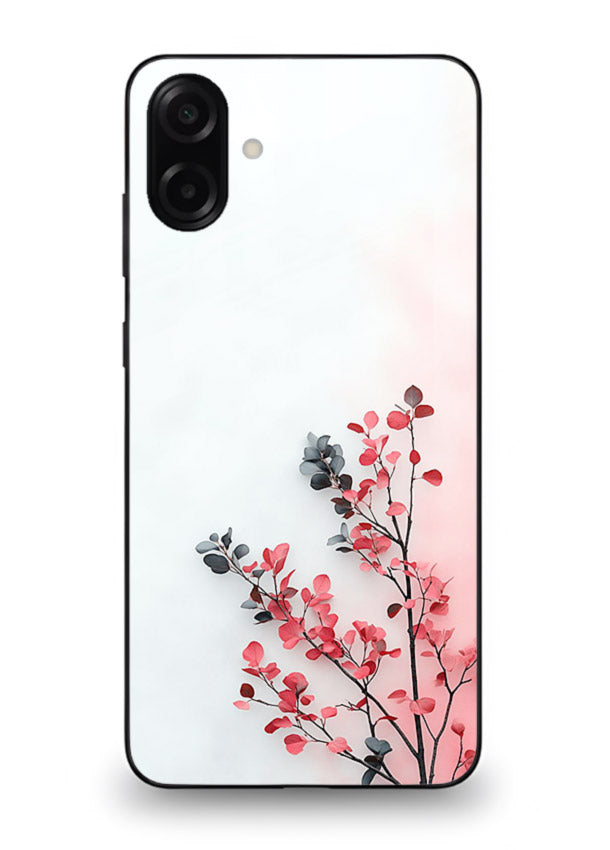 Red leaf artwork on Samsung M13 5G glass back cover with warm drifting botanical tones.