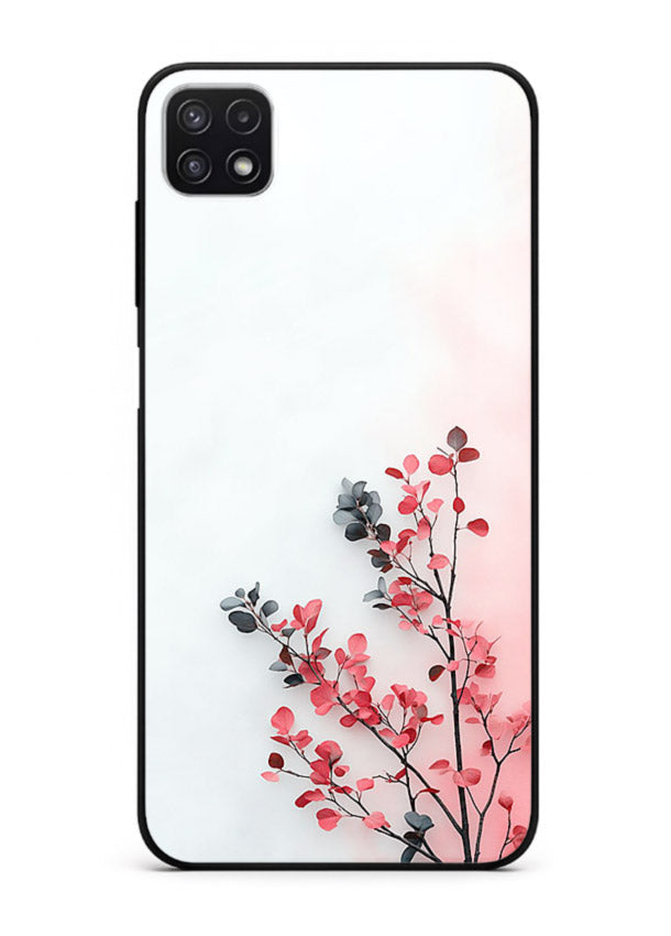 Red leaf artwork on Samsung F42 5G glass back cover with warm drifting botanical tones.